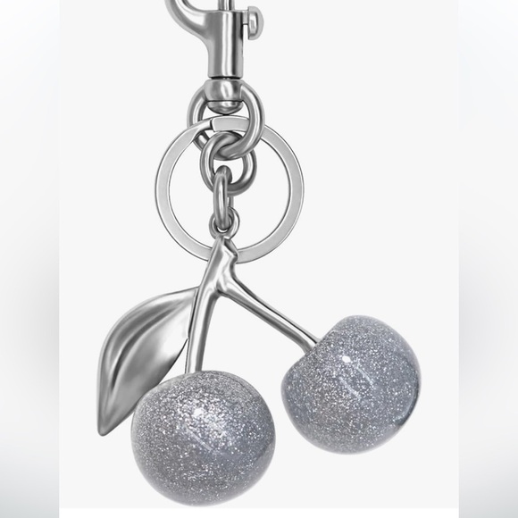 Cherry bag charm in silver glitter with silver hardware clips onto your purse - Picture 1 of 3